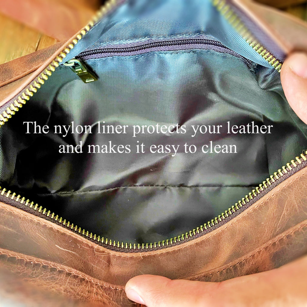 Brown leather bag with a nylon liner being held open, showing text about the liner's benefits.