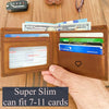 Brown leather wallet with cards and money on a wooden surface, with text 'Super Slim can fit 7-11 cards'.