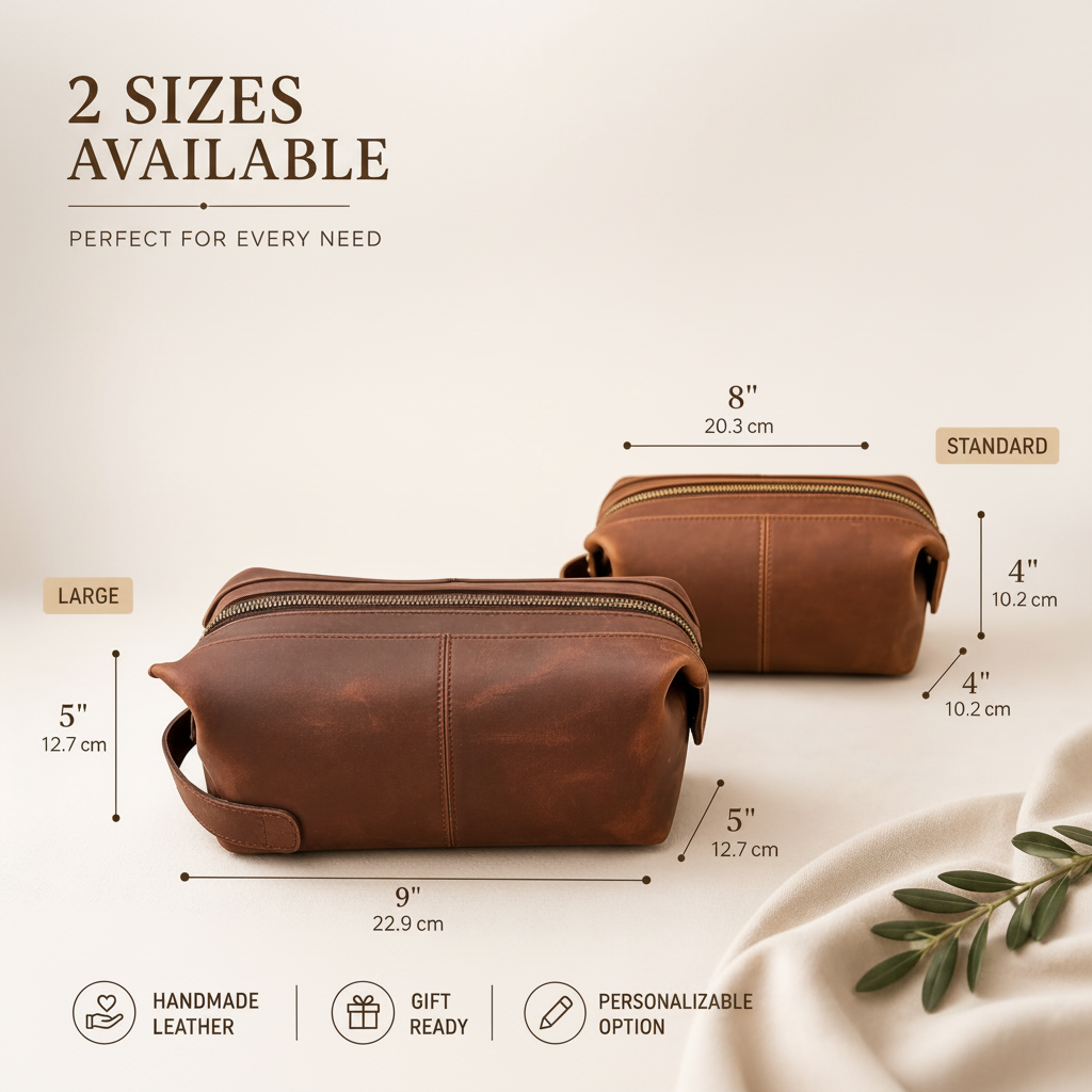 Two brown leather toiletry bags with measurements on a light background
