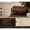 Brown leather dopp kit with text about full grain leather on a neutral background