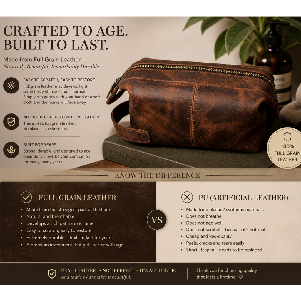 Brown leather dopp kit with text about full grain leather on a neutral background
