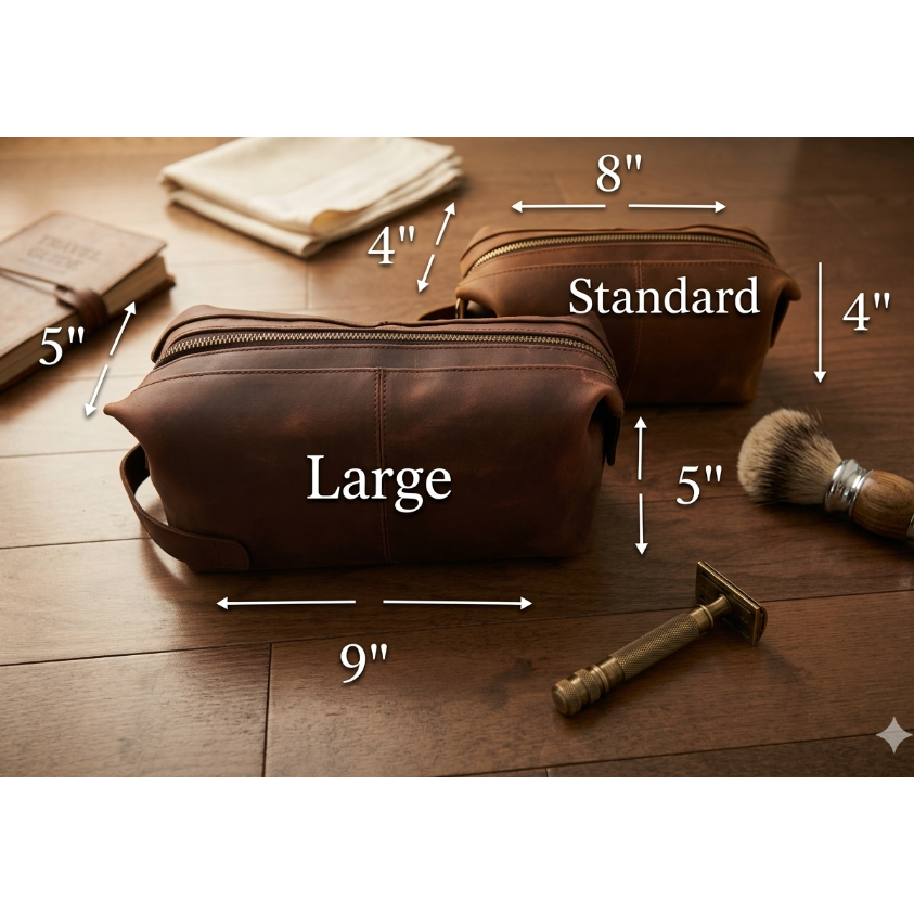 Brown leather dopp kit with measurements on a wooden surface, including a razor and brush.