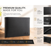 Black leather wallet with brand initials on a wooden surface, surrounded by product features and benefits.