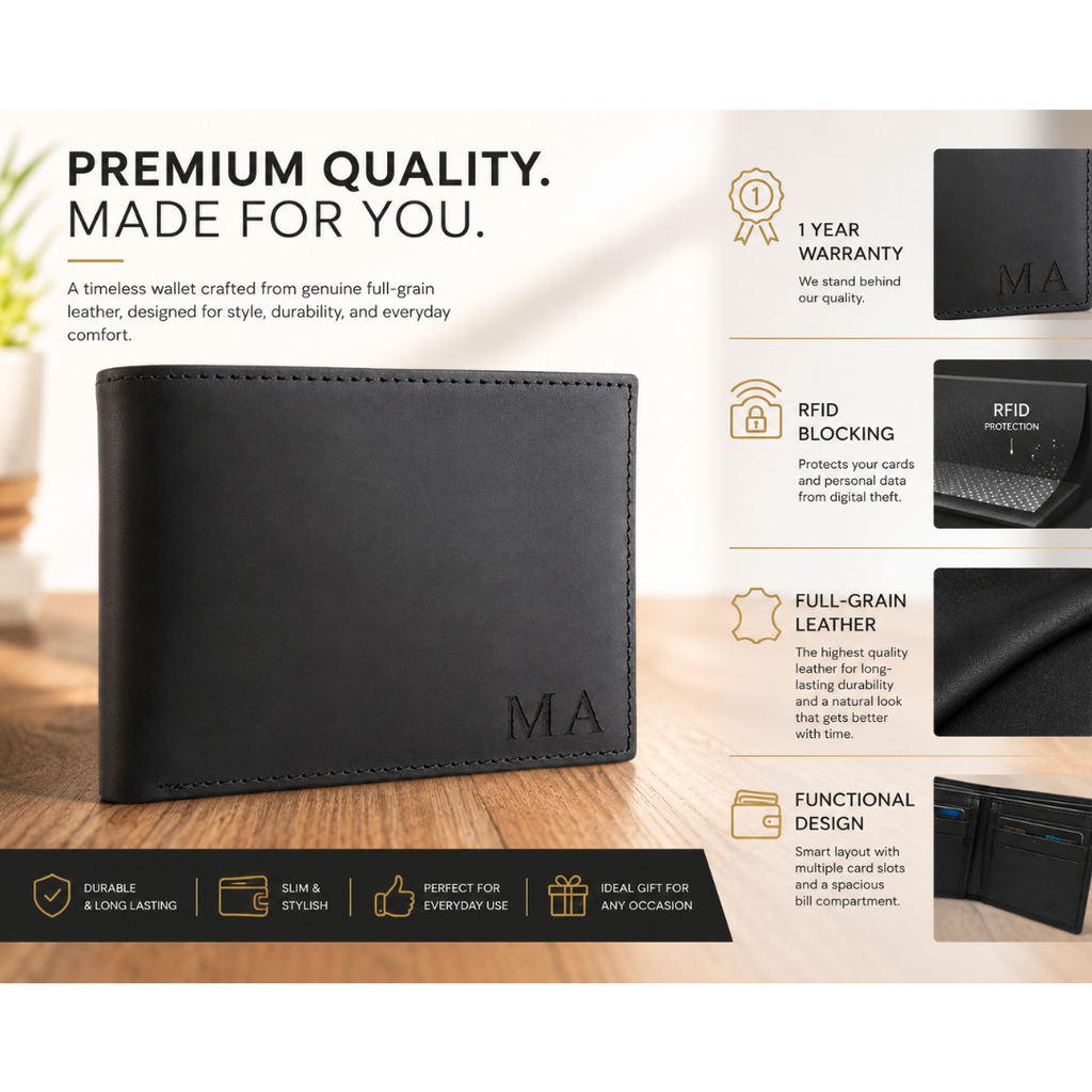 Black leather wallet with brand initials on a wooden surface, surrounded by product features and benefits.