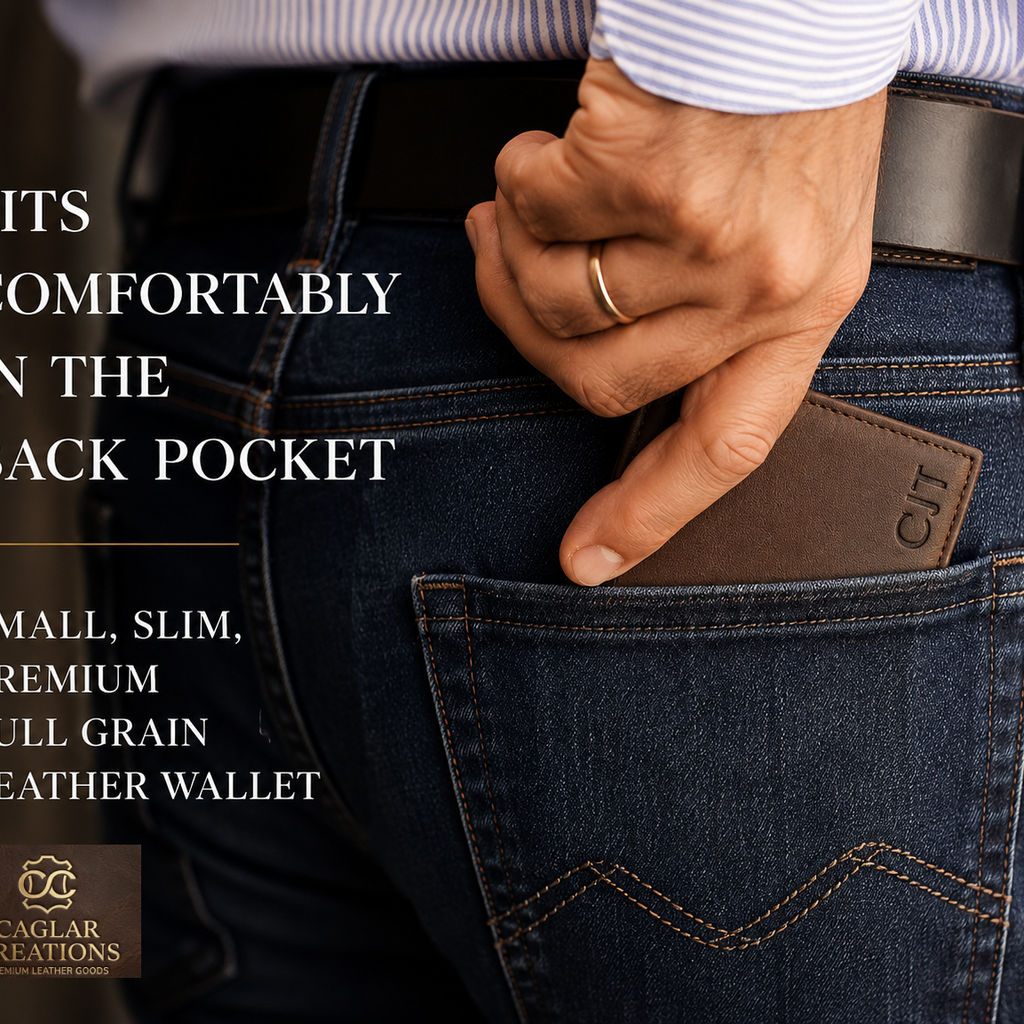 A close-up lifestyle shot of a man's hand sliding a brown leather wallet into the back pocket of his blue jeans. The wallet has 'CIT' embossed on the corner.