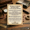 Leather wallet with a letter from a workshop on an wooden surface with leather items.