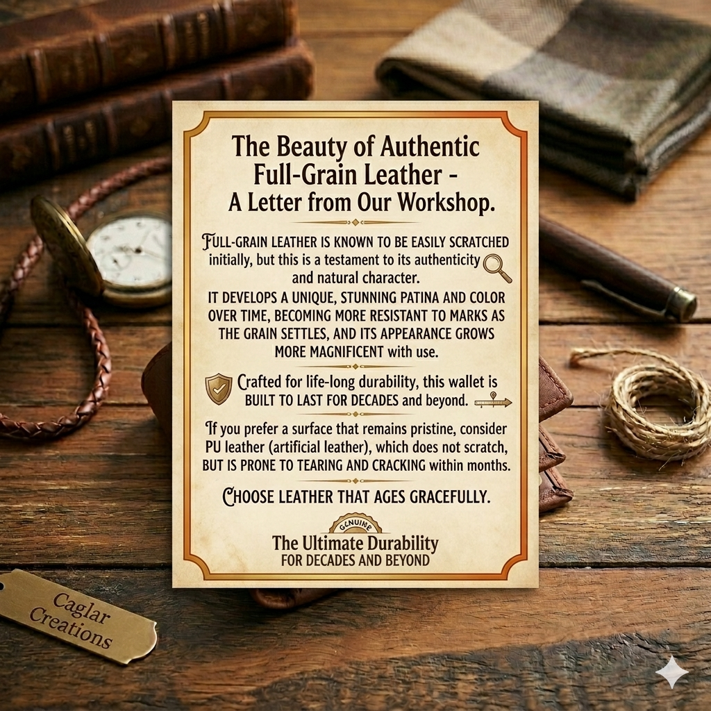 Leather wallet with a letter from a workshop on an wooden surface with leather items.