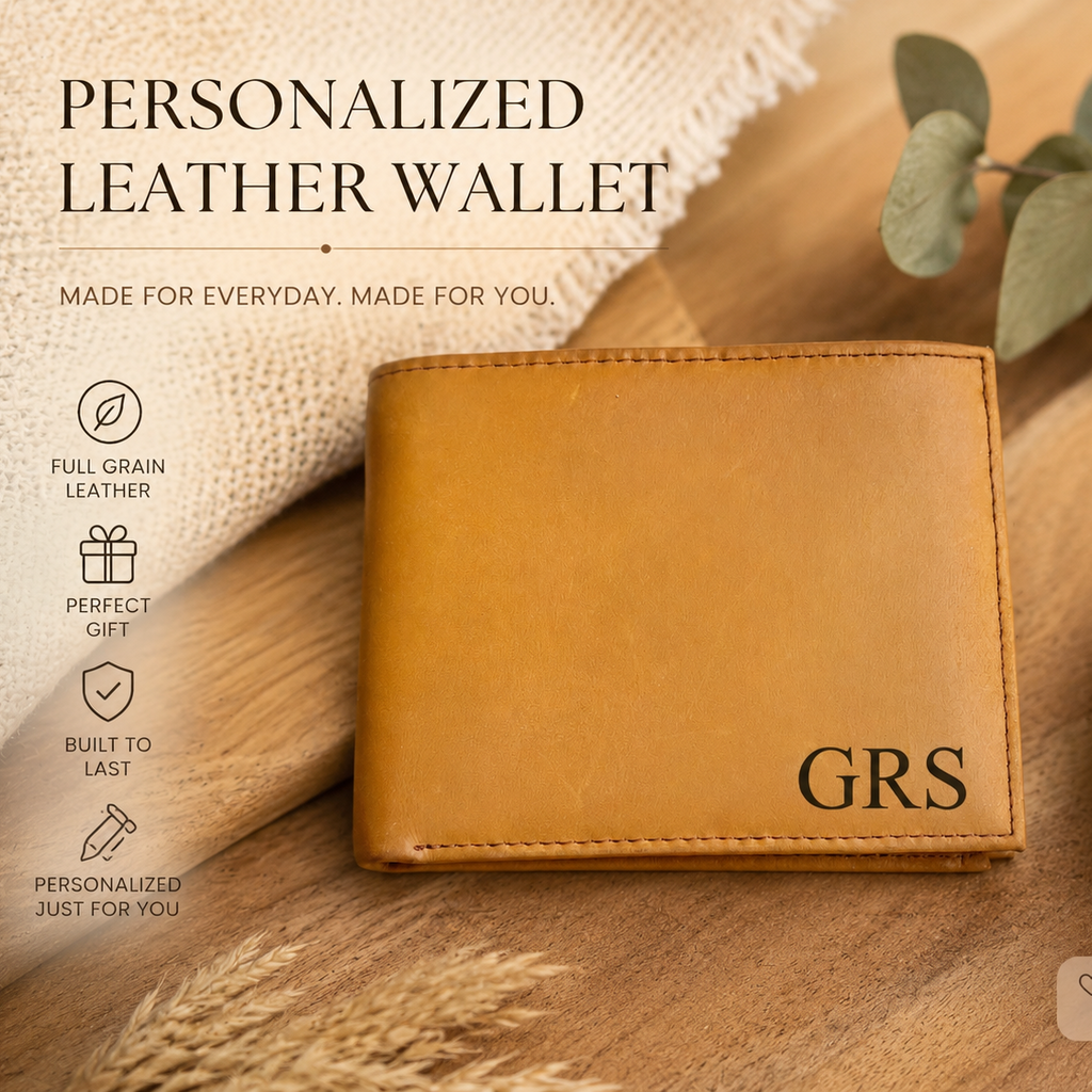 Brown leather wallet with 'GRS' initials on a wooden surface with decorative elements.