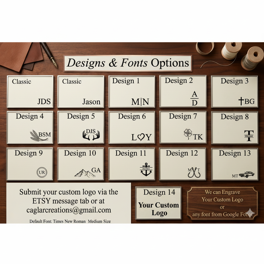 A digital preview sheet showing 14 design options for custom labels or cards, labeled 'Designs & Fonts Options,' with sample text such as 'Classic JDS,' 'Design 1 M|N,' and 'Your Custom Logo.' The sheet includes a wood tabletop background with a pen, thread spools, and a brown leather pad, plus a bottom panel with contact information and customization details.