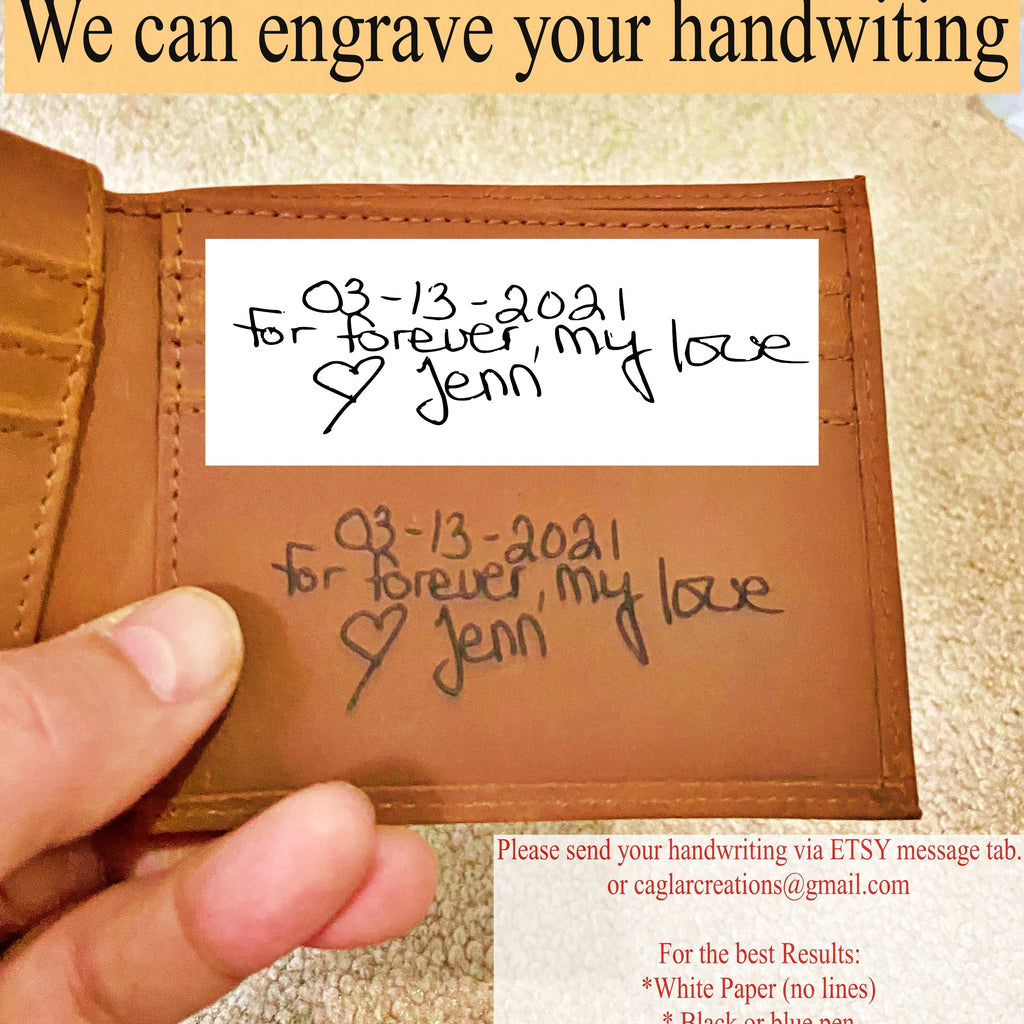 A hand holds a brown leather wallet showing two handwritten message inserts on white paper. Text at the top says 'We can engrave your handwriting' and a contact card appears at the bottom right.