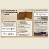 Handwriting and logo engraving guide with wallet, engraved text, and tips on a wooden background.