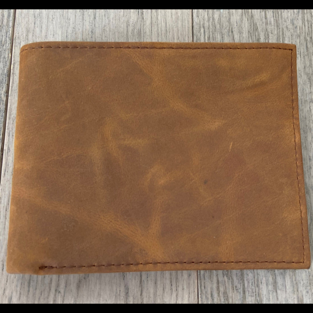 Brown leather wallet on a wooden surface