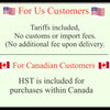 Text indicating tariffs and HST information for customers in the U.S. and Canada.