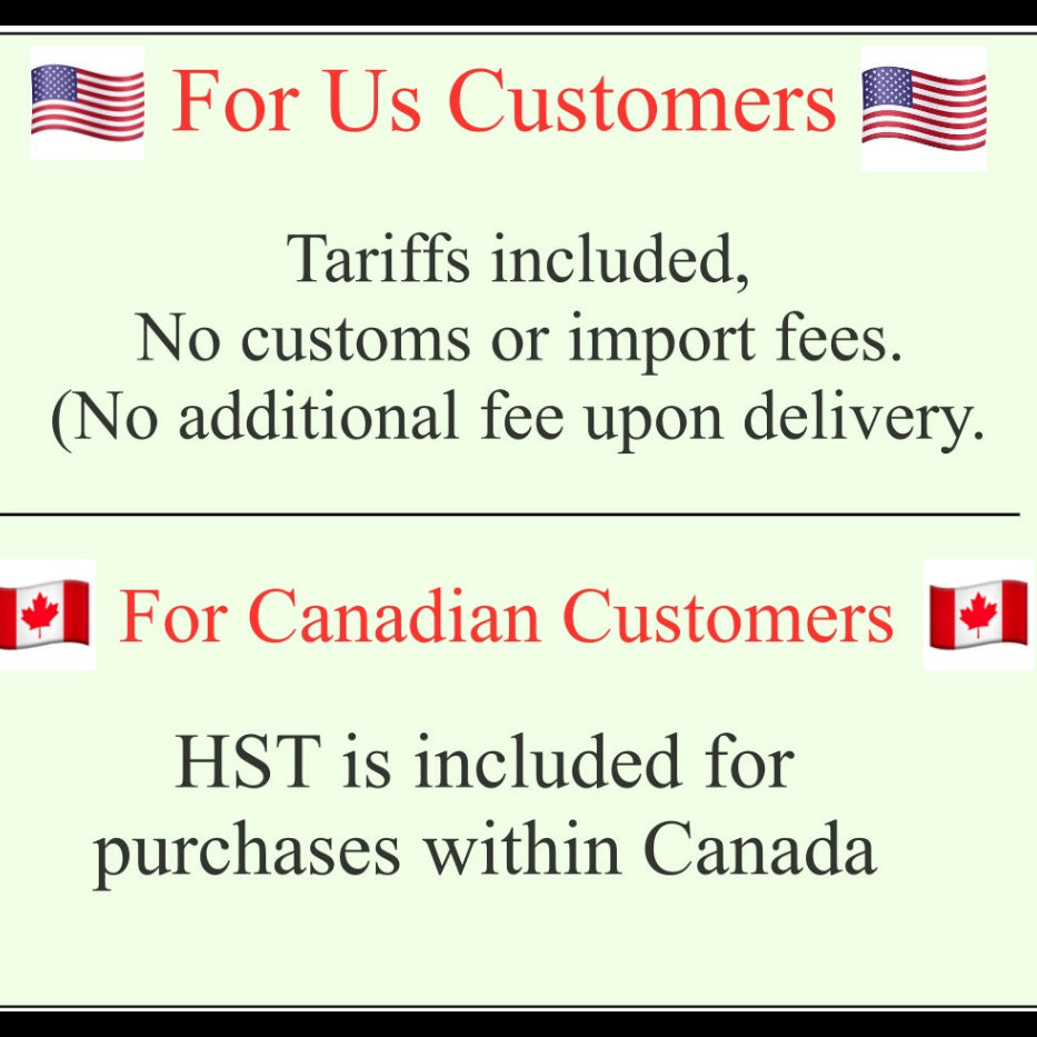 Text indicating tariffs and HST information for customers in the U.S. and Canada.