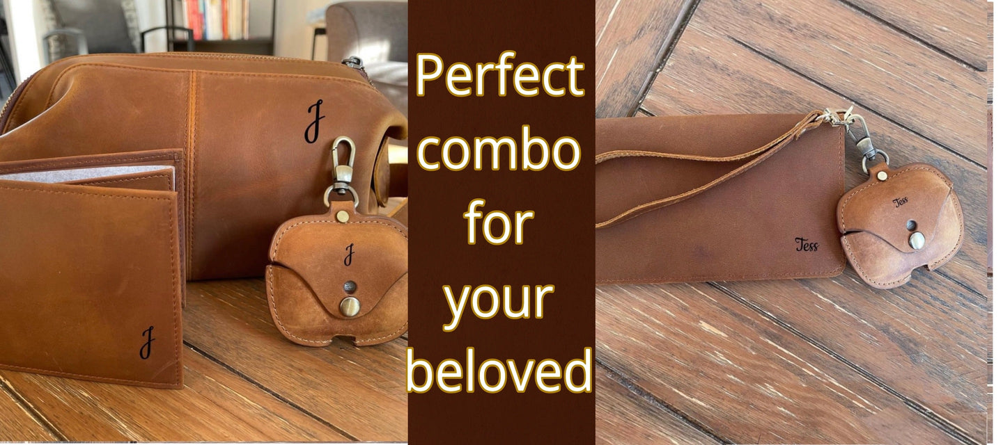 custom leather set with bag wallet and AirPods case