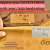 Handwritten note on a leather bag with 'I love you' message and branding details.