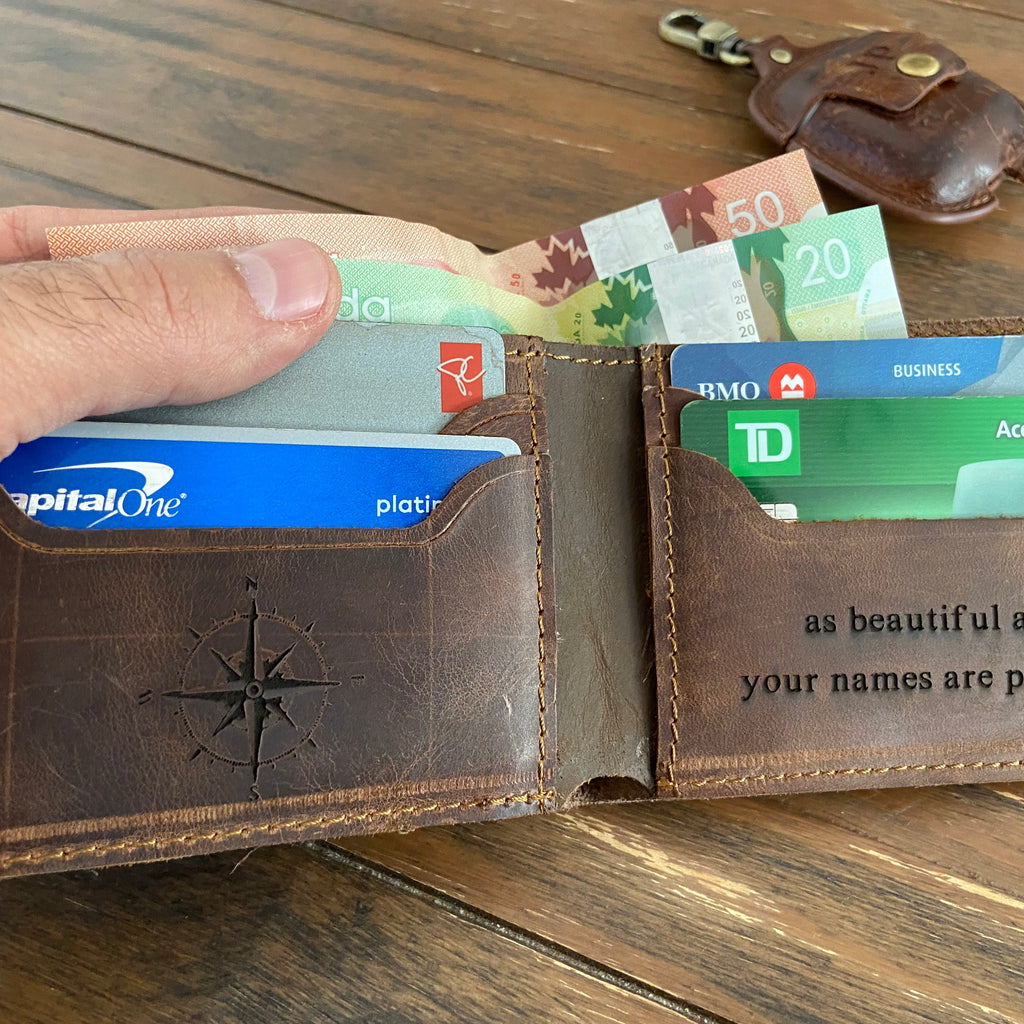 Brown leather wallet with cards on a wooden surface