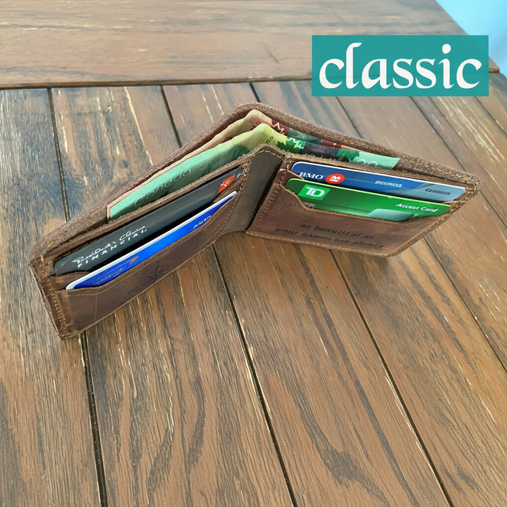 Brown leather wallet with cards on a wooden surface, featuring the brand 'classic'.