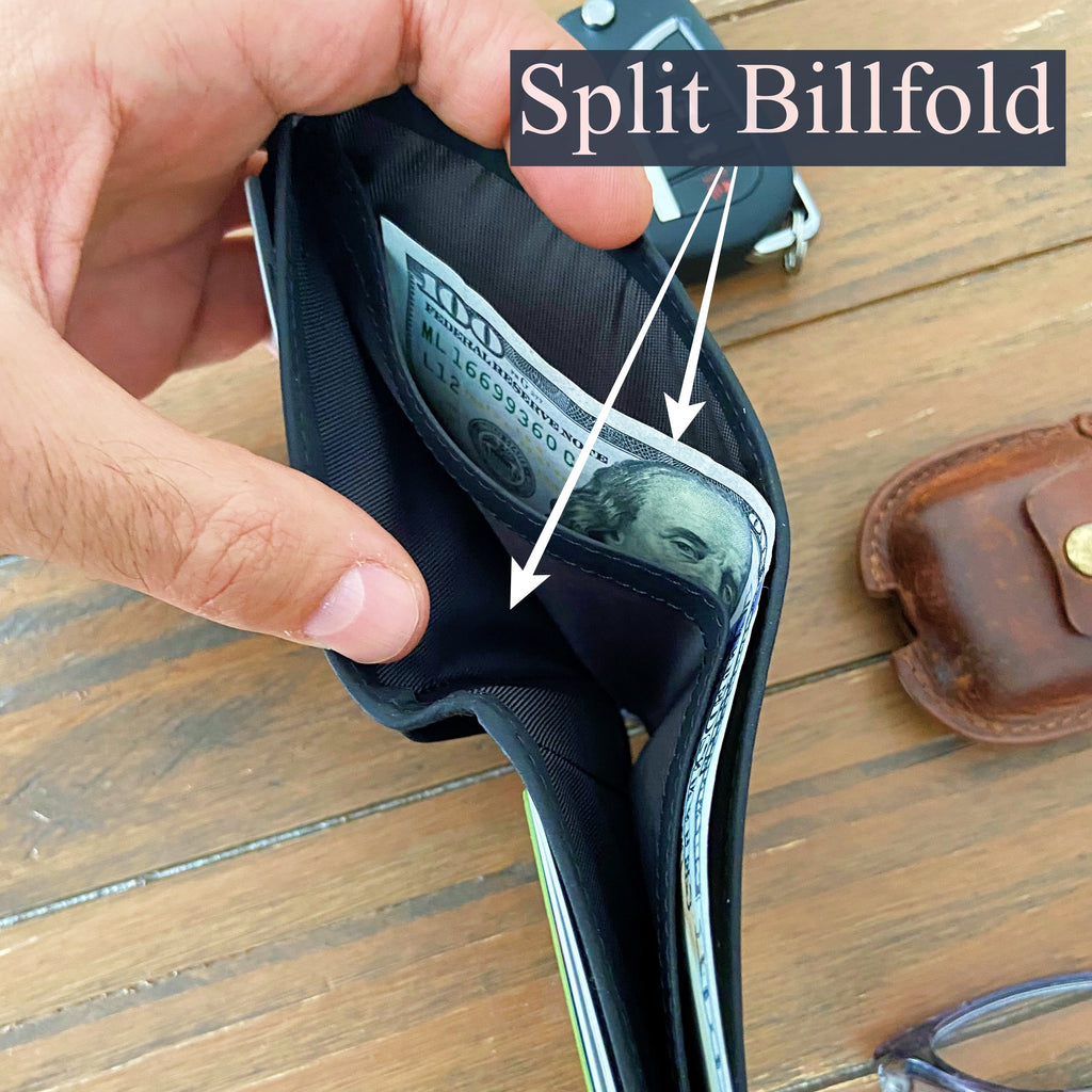 Black split billfold wallet with money on a wooden surface, labeled 'Split Billfold'.