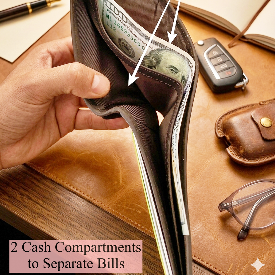 Split billfold wallet with cash compartments on a wooden surface