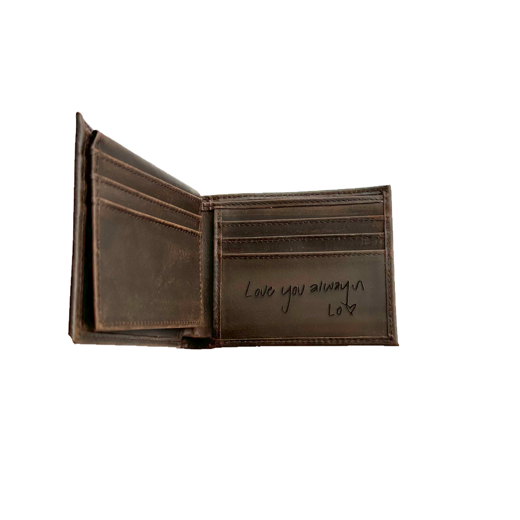 a personalized dark brown wallet inside