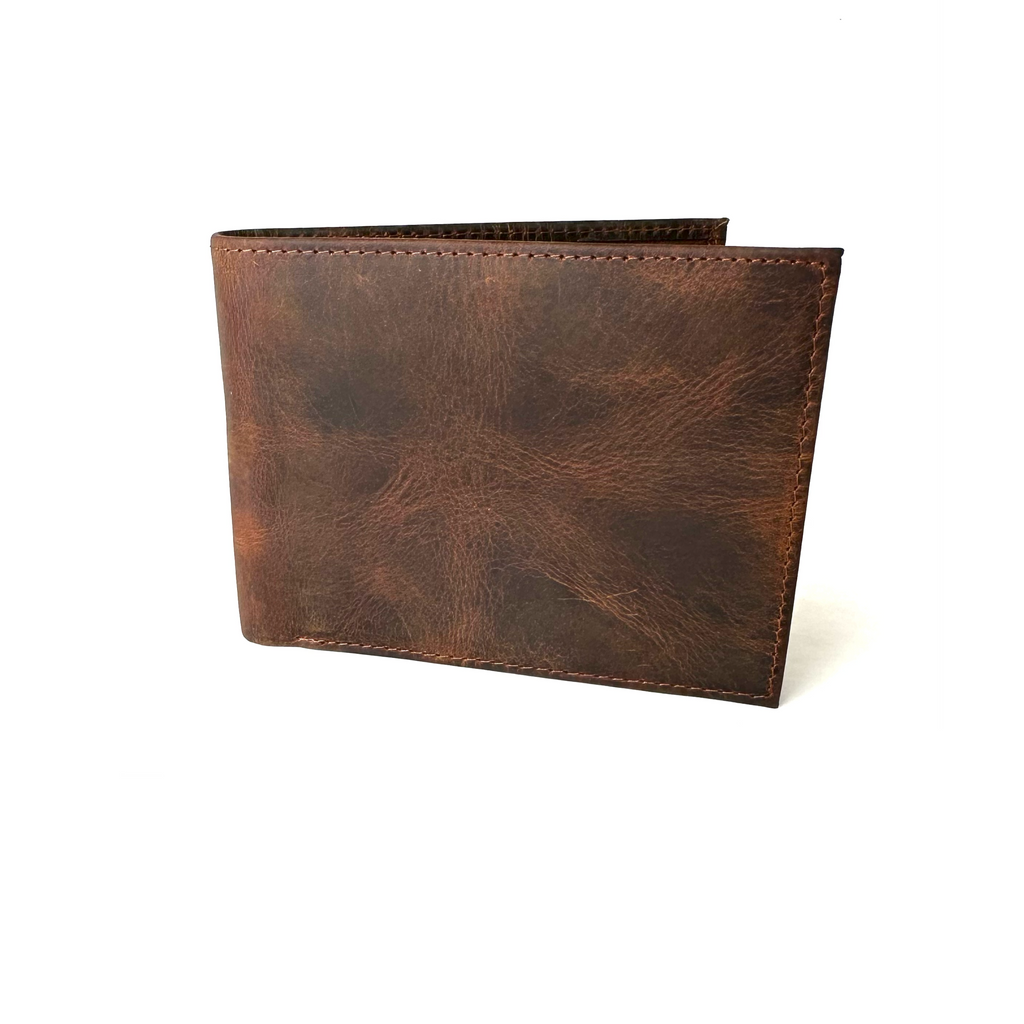 a distressed bifold wallet front